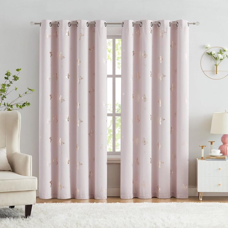 Jubilantex Pink and Gold Butterfly Blackout Curtains 84" Length for Baby Girls Nursery Bedroom and Living Room,80% Blackout Window Treatment,Grommet Top,2 Panels,Lavender Pink - Image 1